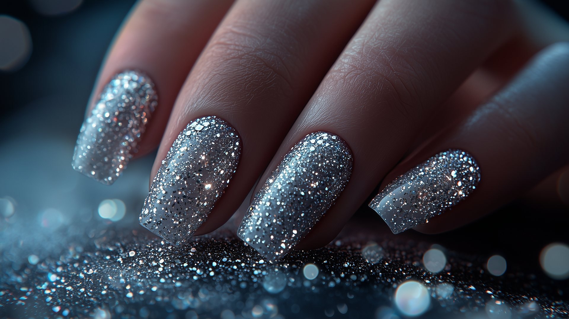 Silberne Glitzernägel (KI-Bild)