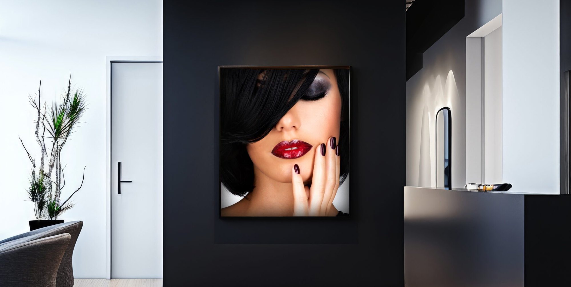 Studioraum mit dunkler Wand, großem Beauty-Porträt und hellem Empfangsbereich (KI-Bild)